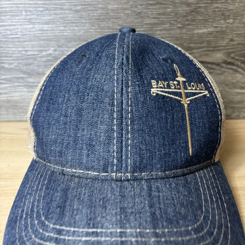 Bay St Louis Hat Cap Snap Back Blue Denim Tan Mesh Trucker Embroidered Mens